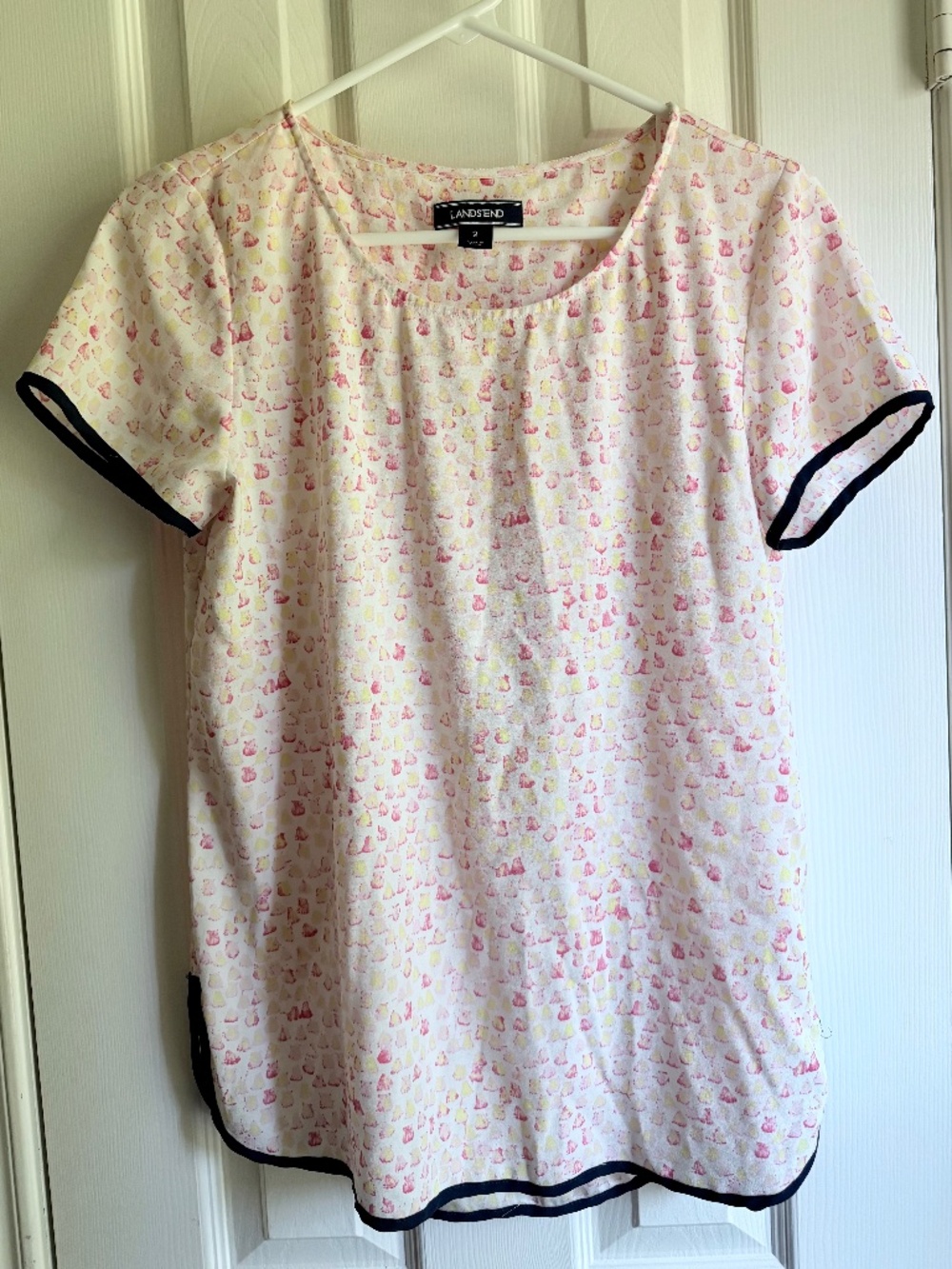 Lands' End Women's Size 2 Short Sleeve Crepe Tee Pink White Yellow Blue Piping